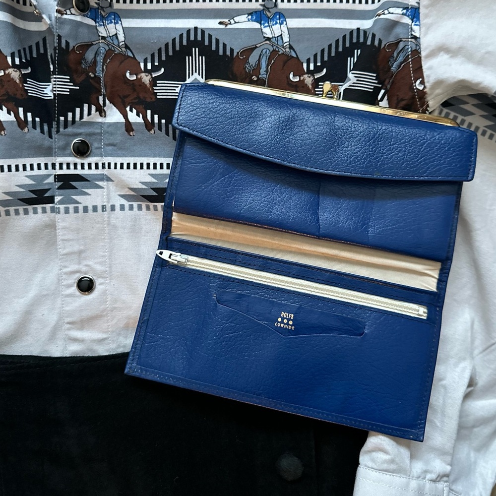 Vintage Rolfs Blue Leather Wallet | Kiss Lock Coin Purse | Cowhide - Picture 3 of 10